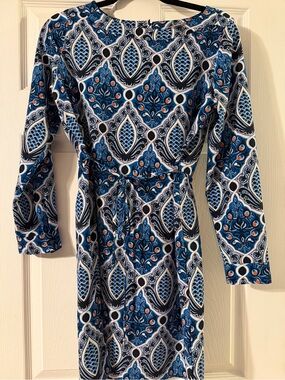 LOFT Blue, White and black Long Sleeve Printed Dress with tie never worn